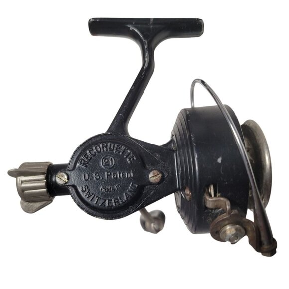 Vintage Recordette Switzerland Spinning Fishing Reel U.S. Patent No. 21 - Metal - Picture 1 of 14